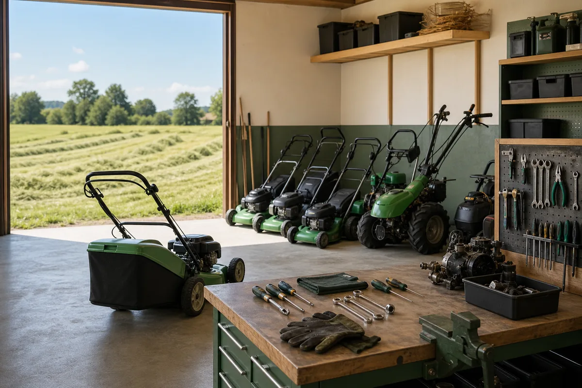 Établi d'atelier avec outils suspendus et pièces de motoculture posées sur le plateau
